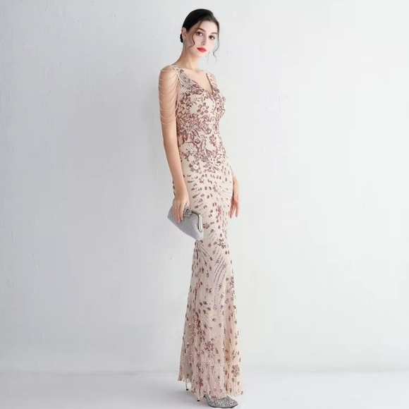 Gold, Floral Print,  V Neck,  Beaded Draped Sleeves,  Contrast Sequined Gown - Picture 8 of 16